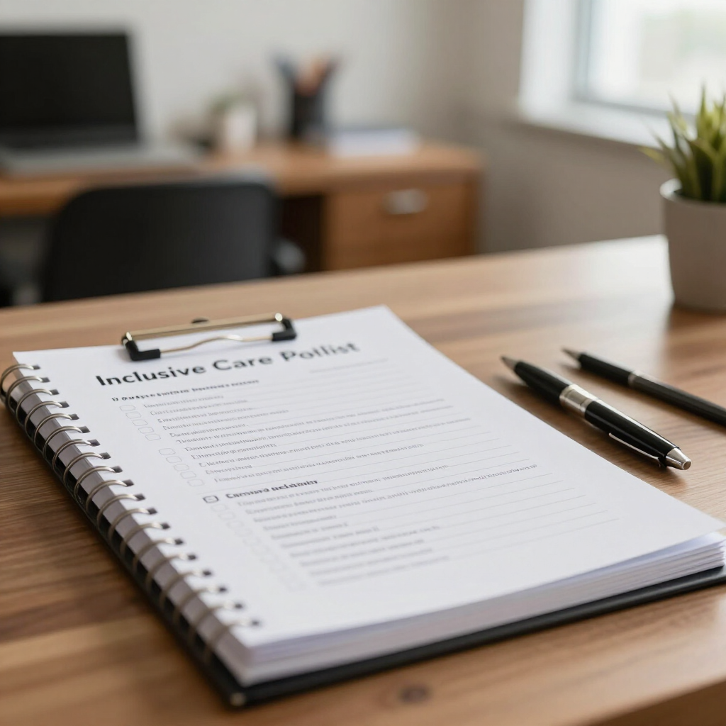 Illustrative photo of an inclusion checklist binder and pen on a care-home desk