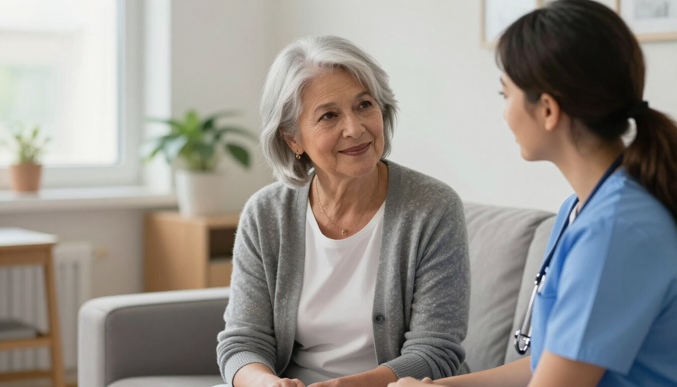 Illustrative photo of an older transgender woman speaking warmly with a nurse in a care lounge