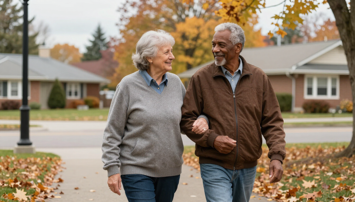 Illustrative photo of an older same-gender couple walking arm in arm near a Canadian residence